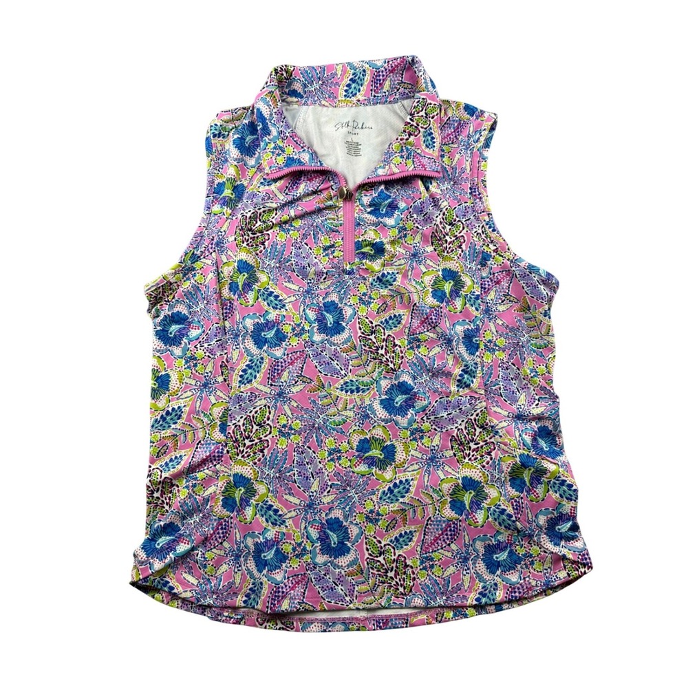 Stella Parker Sport Top Women L Pink Floral Sleeveless 1/4 Zip Knit Golf Preppy